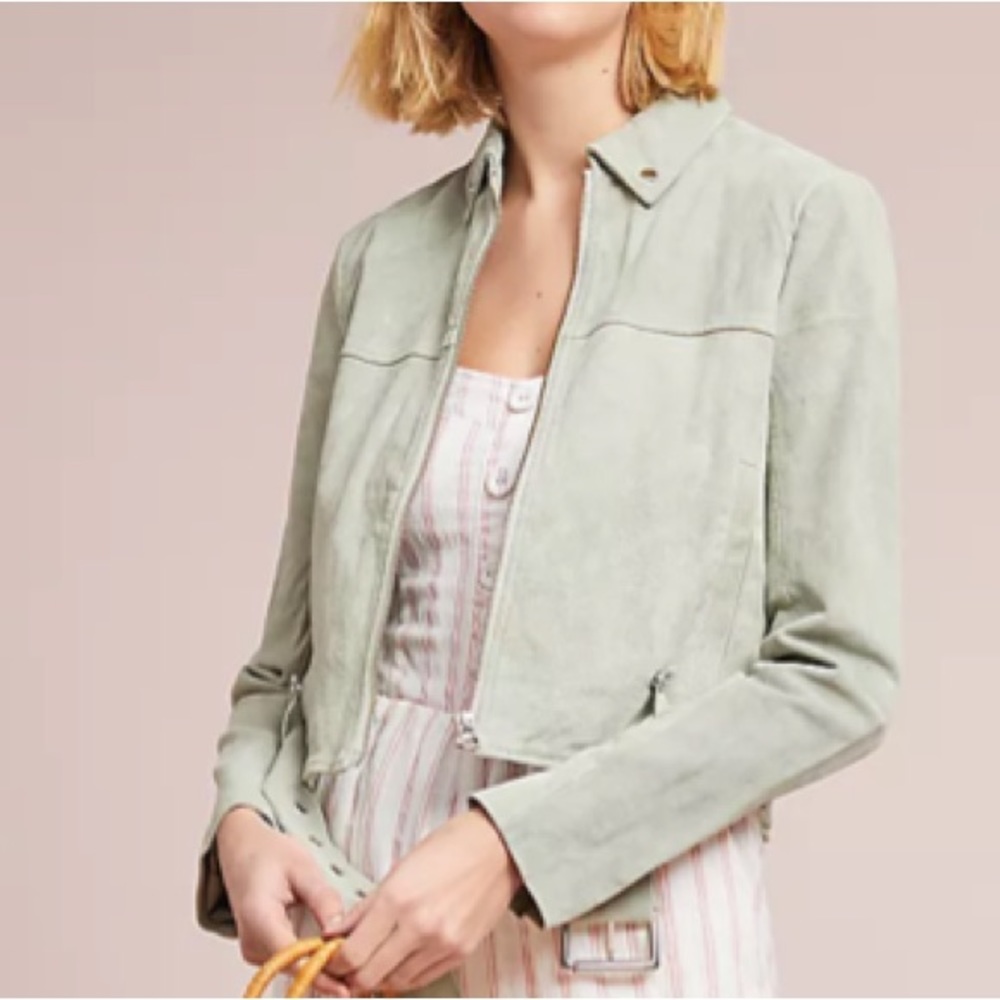 Anthropologie Green Leather Jacket Modern Cropped Style